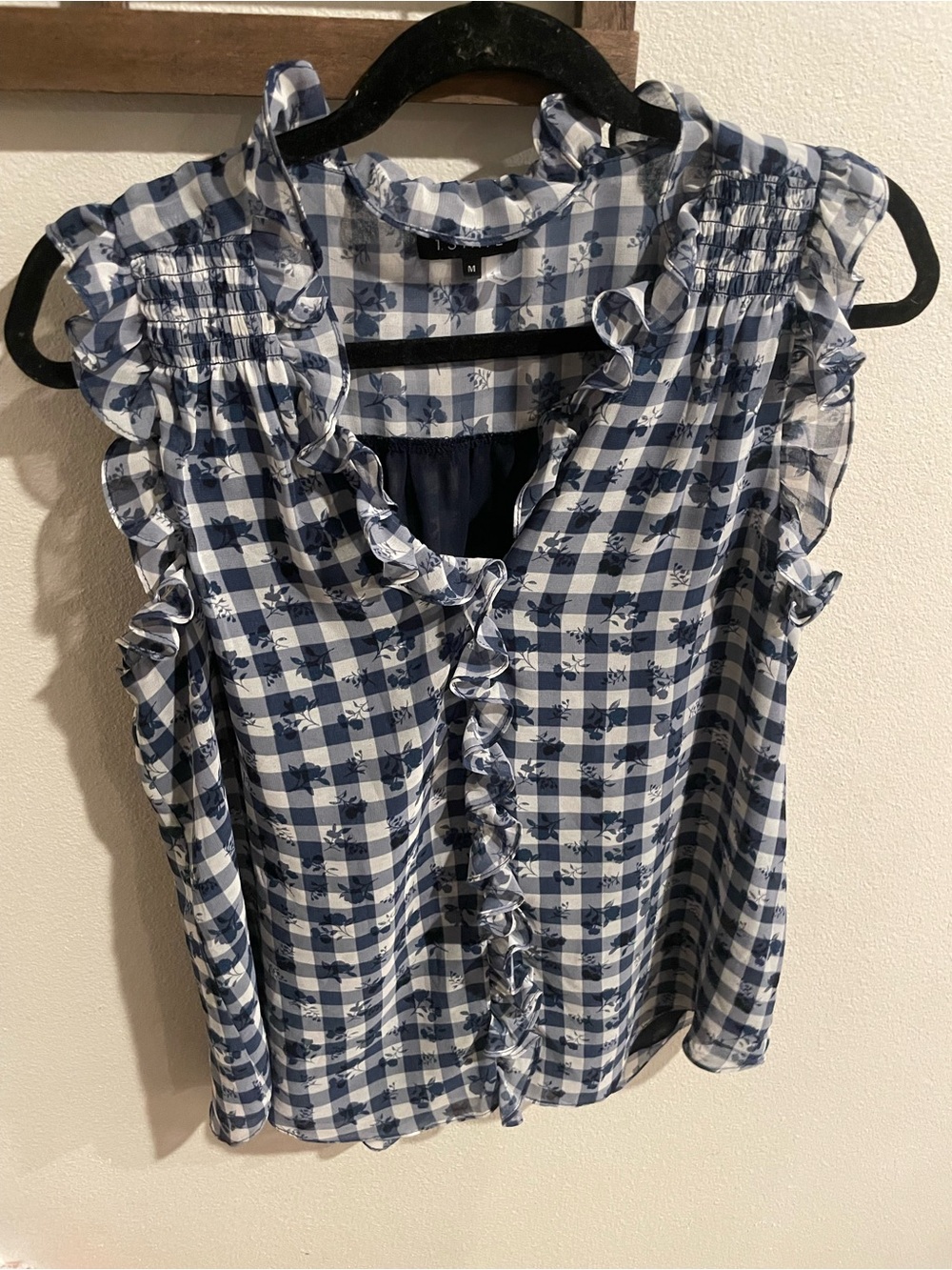 1. State Navy and White Gingham Ruffle Sleeveless Blouse Size Medium